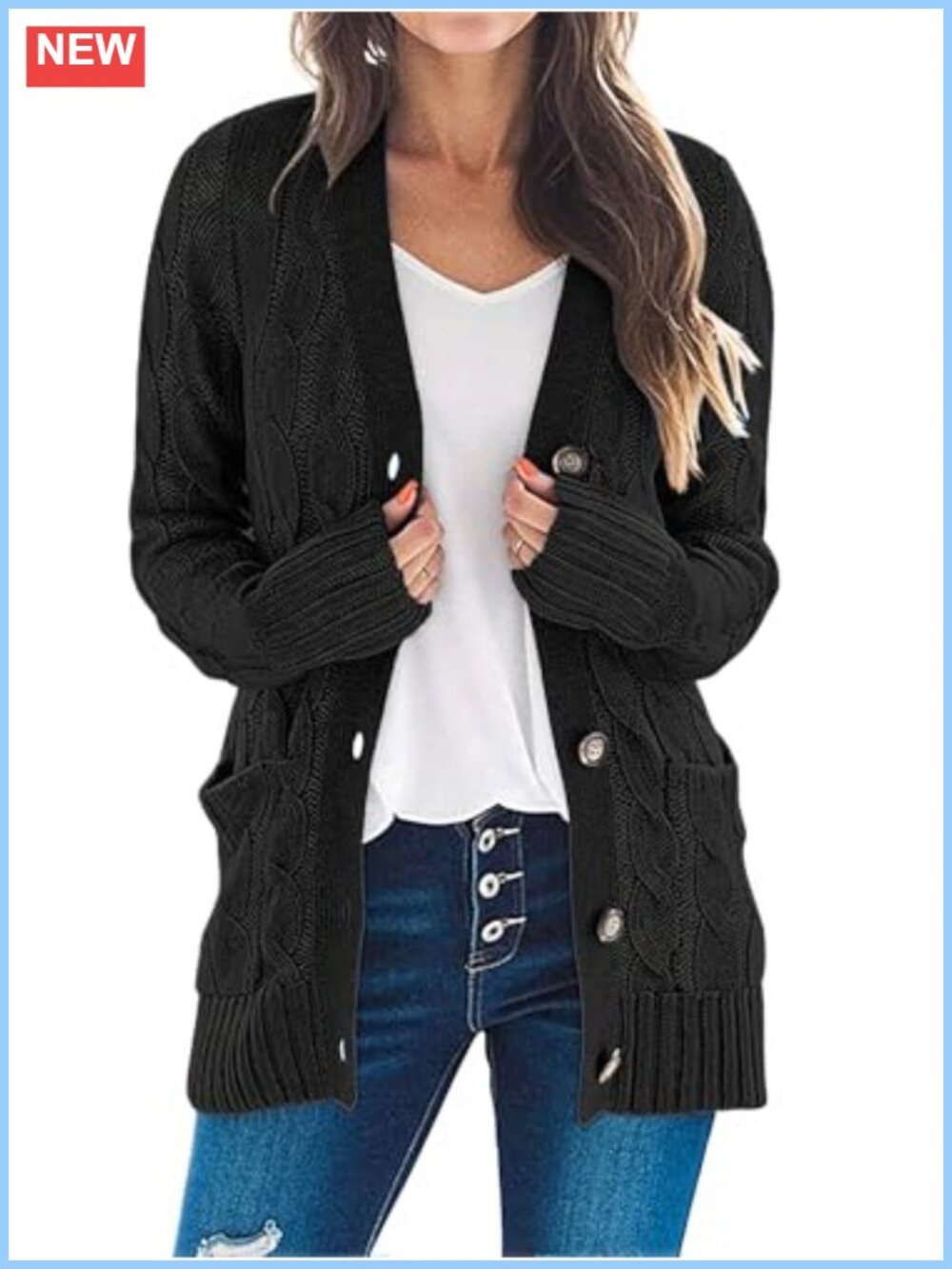 Cable Knit Cardigan Sweater Button Down Long Sleeve Loose Fit